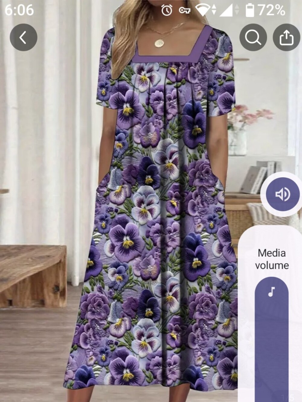 Purple Pansy Floral Square-Neck Midi Dress - Picture 1 of 4